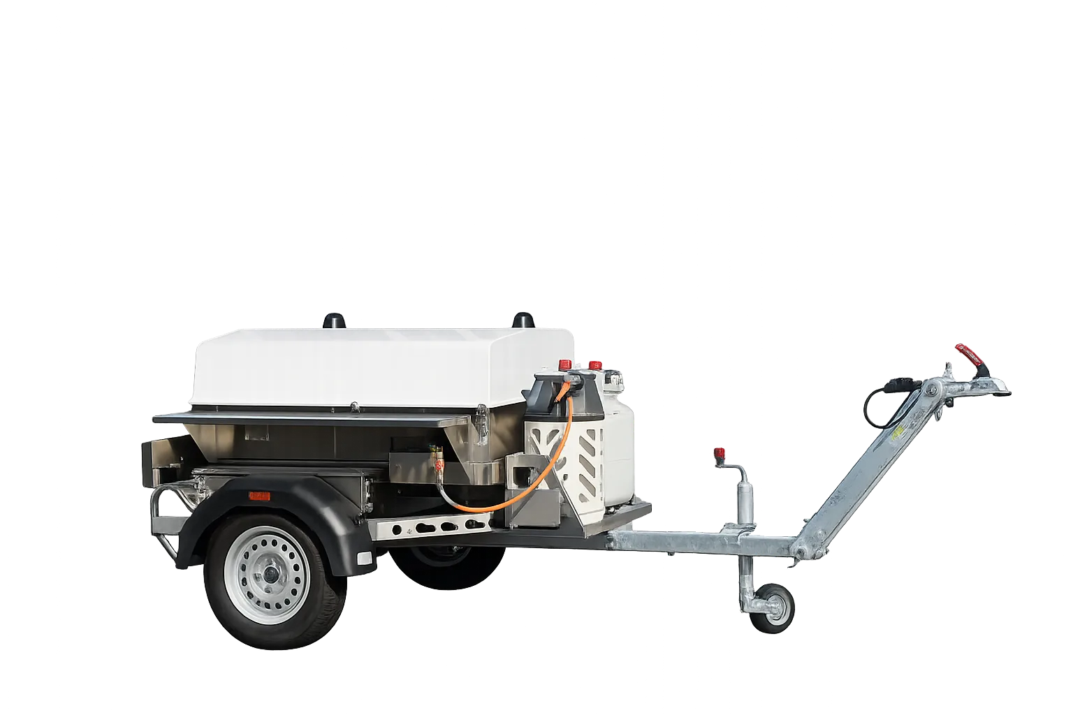 Kuchnia LFK150 LPG w pozycji transportowej z opcjonalnym regulowanym dyszlem.
